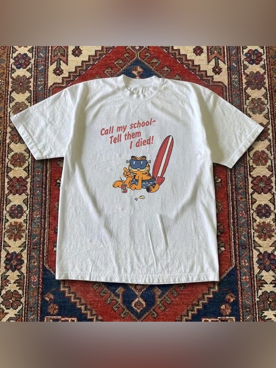 Gildan Tops - Garfield Surf Graphic Cat T-Shirt in White